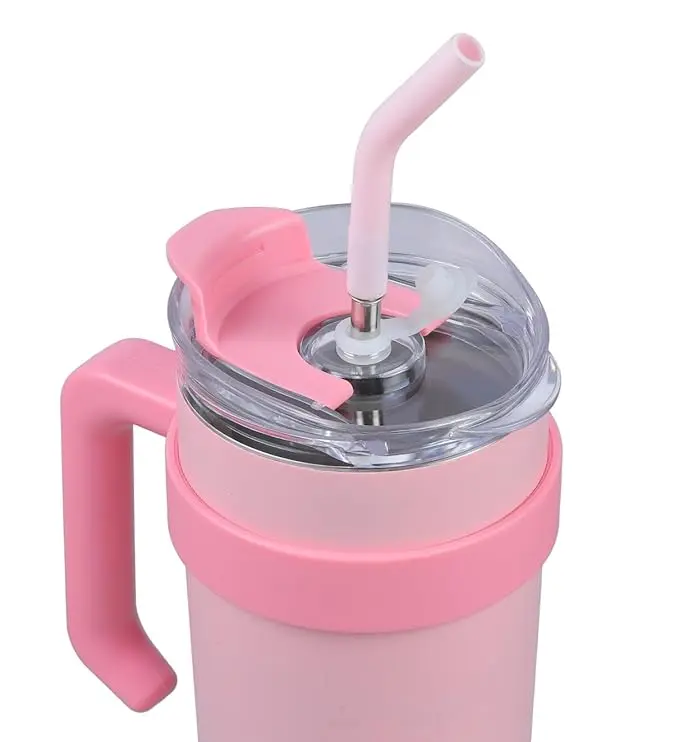 1200ML Tumbler with Handle and Straw Lid | Pink White Insulated Mug  304 Reusable Stainless Steel Insulated