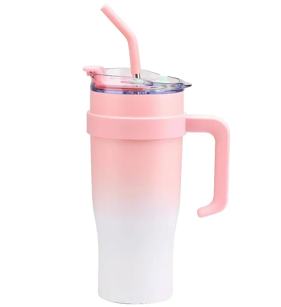 1200ML Tumbler with Handle and Straw Lid | Pink White Insulated Mug  304 Reusable Stainless Steel Insulated