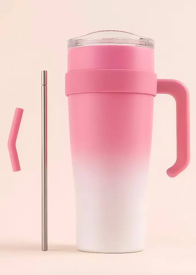 Premium Pink Ombre Stainless Steel Tumbler with Handle & Straw; Trendy Pink Gradient Travel Mug | Hot & Cold Airtight Sipper